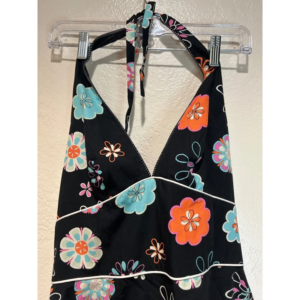 ABS by Allen Schwartz Womens Black Floral Halter Neck Sundress Size 8 Retro‎ V